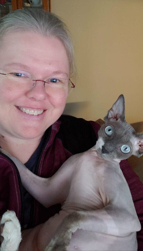 Katy Austin with hairless cat