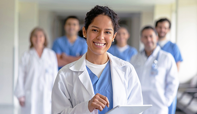 physician smiles with a group of physicians behind her